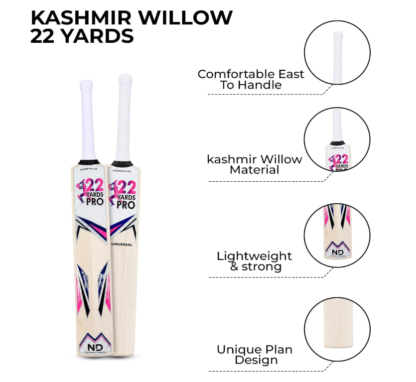 Kashmir Willow Cricket Bat SH | Lightweight Power Hitting Bat with Thick Edges & Wide Sweet Spot | Ideal for Leather & Tennis Ball | Premium Grip & Balanced Pickup