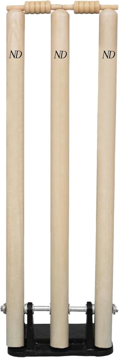 ND Sports Cricket Wooden Wickets with Bails & Metal Base – Durable & Weather-Resistant Cricket Stumps Set for Training & Matches