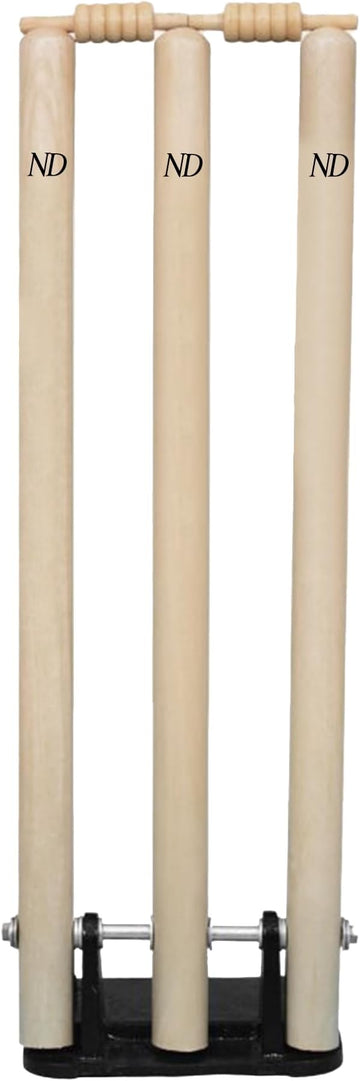 ND Sports Wooden Cricket Stumps with Spring Base – Heavy Duty Cricket Wickets with Bails, Stable Practice & Training Stump Set for Backyard & Nets