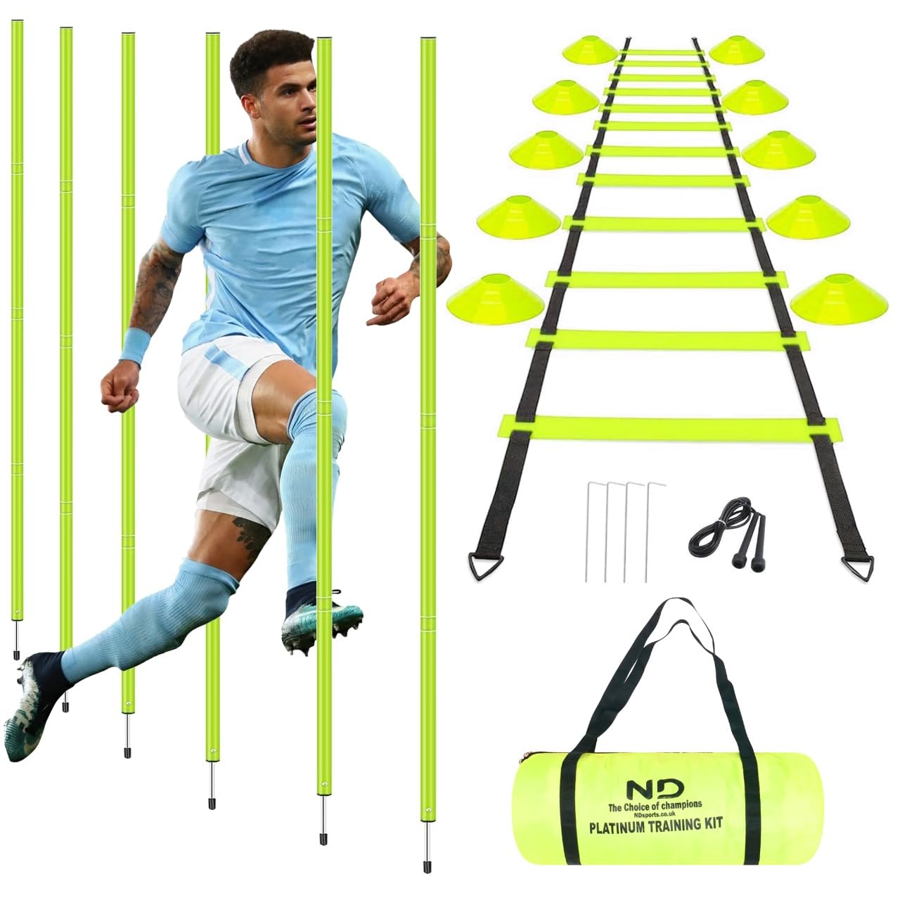 ND Sports Training Kit – 6m Ladder, 6 Poles, 10 Cones, Jump Rope, 4 Pegs & Bag – Complete Speed & Agility Set for Football, Cricket & Multi-Sport