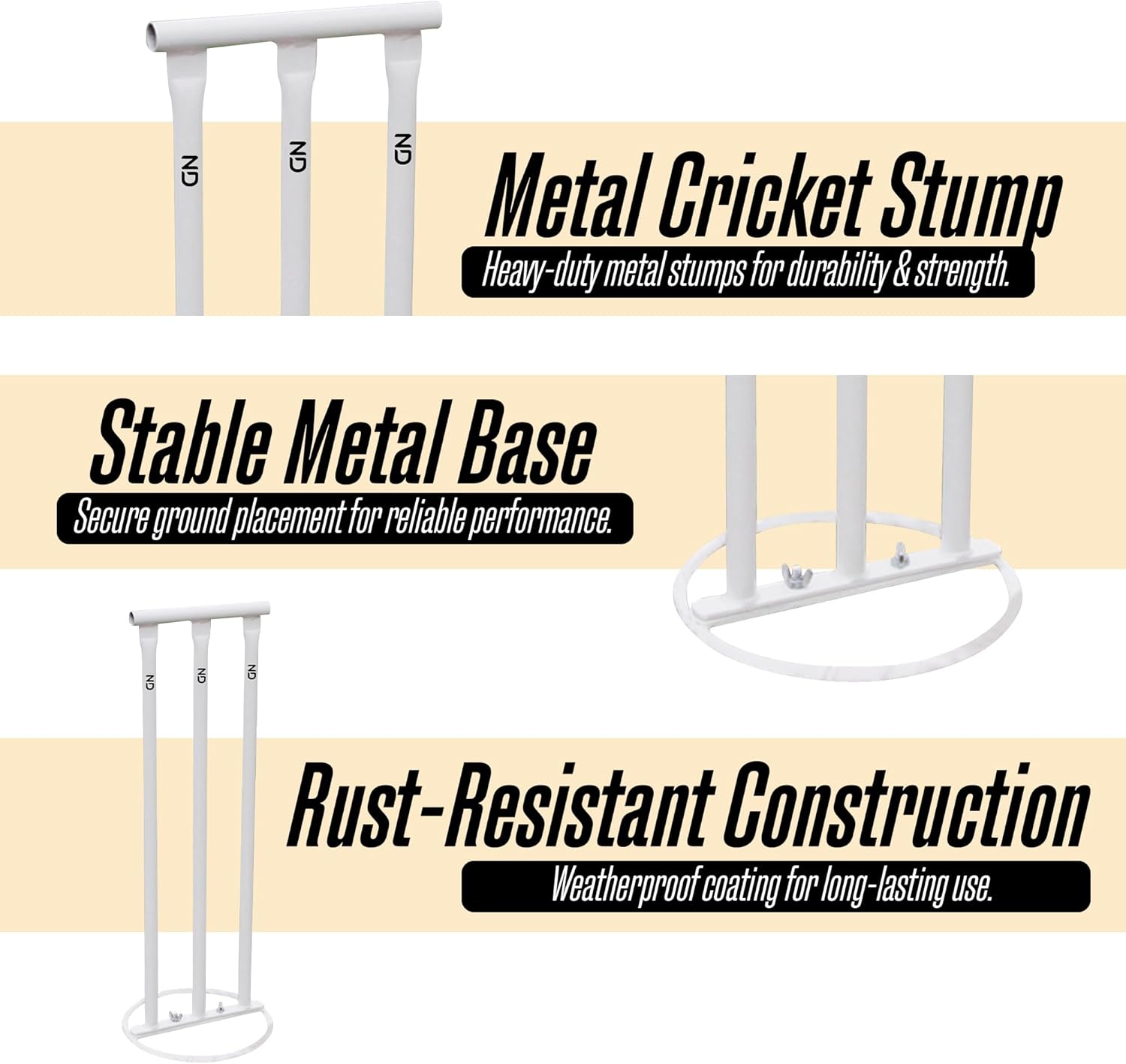 ND Sports Cricket Metal Stumps with Attached Bails, White, One Size