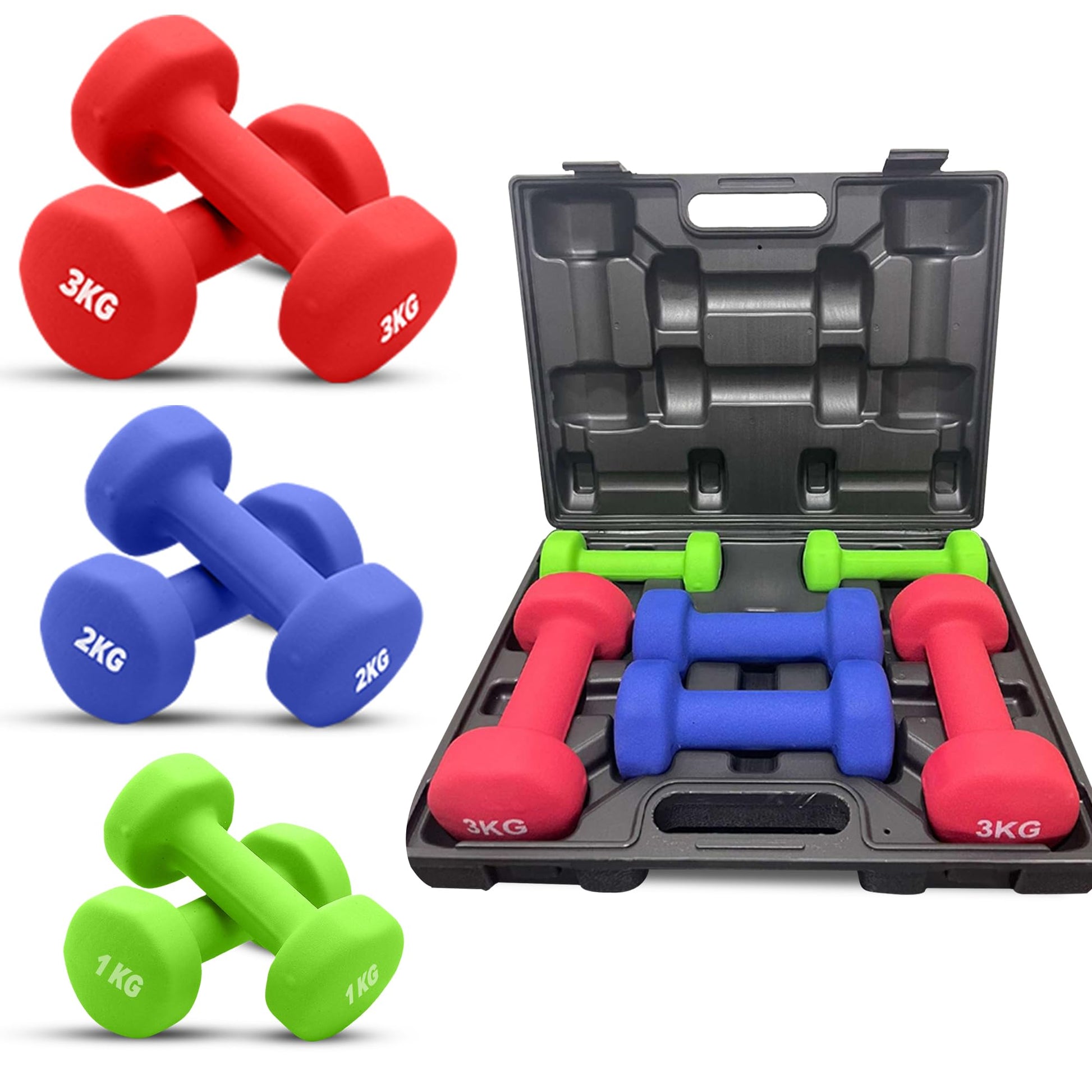 ND Sports Weights Dumbbells Set – Neoprene-Coated Hand Weights with Anti-Roll Design | Dumbbells Set for Women, Kids & Home Gym | Non-Slip Grip, Multi-Colour Pairs with Carry Case
