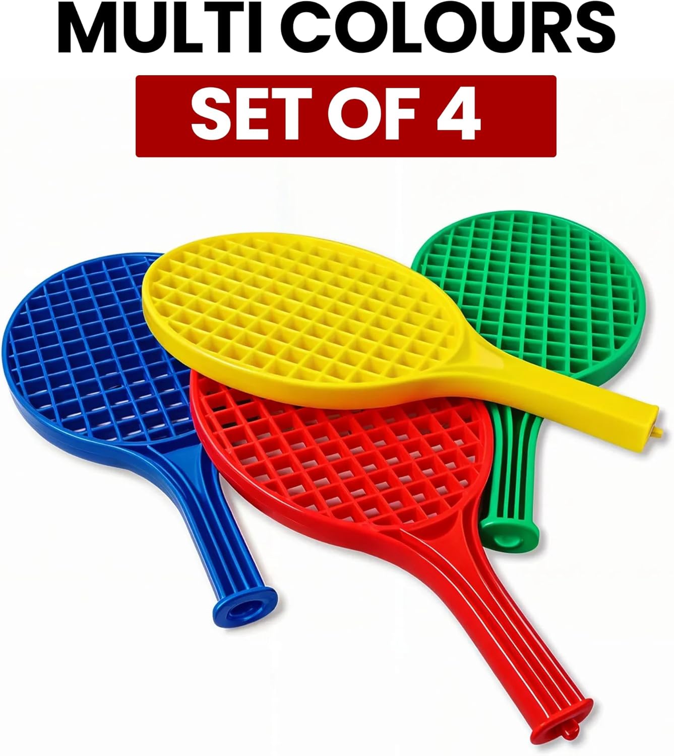 ND SPORTS Plastic Tennis Rackets for Kids – Set of 4 Colorful Training Paddles | Lightweight & Durable | Ideal for Tennis, Badminton, PE, Garden & Beach Games