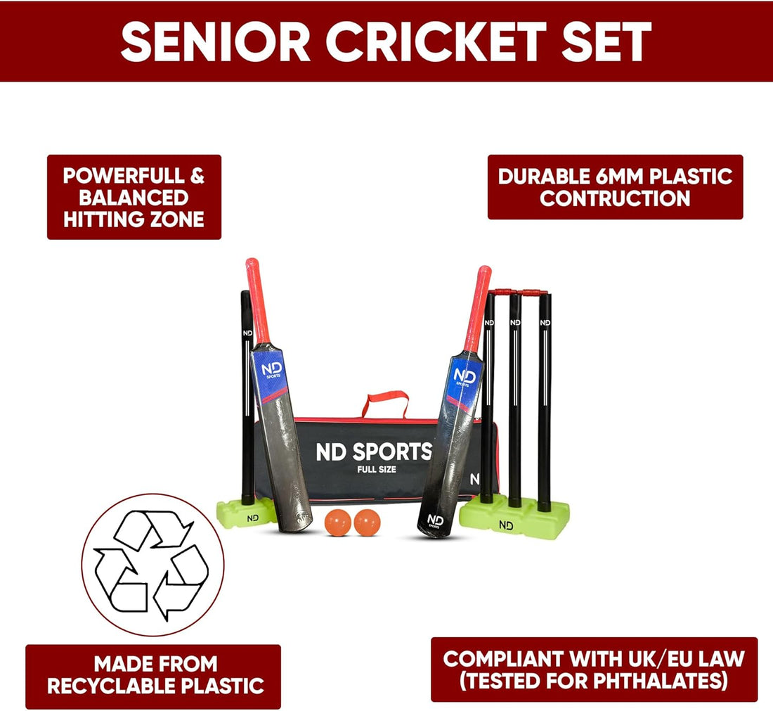 Complete Plastic Cricket Set – Senior & Junior for Ages 9+ – High Performance & Durable Cricket Set for Training, Matches, Garden, Beach & Park Play