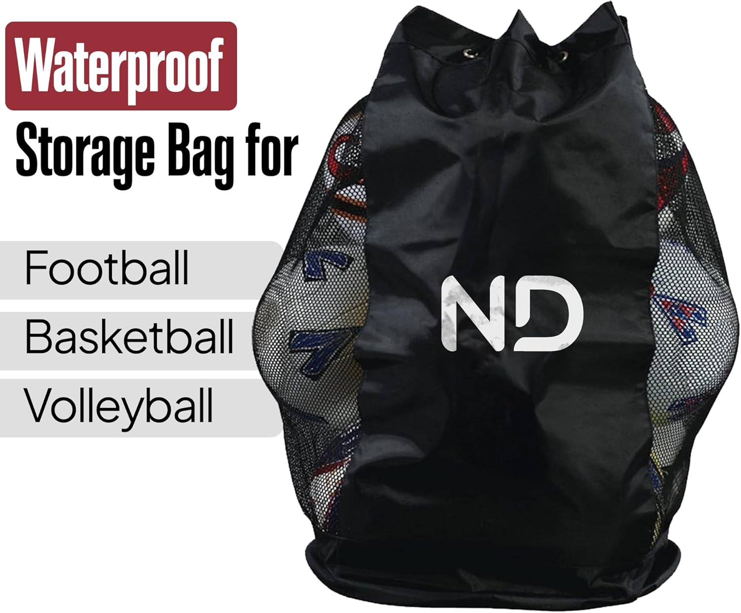 ND Extra Large Drawstring Mesh Sack – Waterproof Nylon Storage for Footballs, Basketballs, Volleyballs – Heavy-Duty Training Equipment Carrier