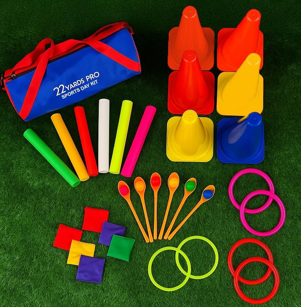 3 in 1 Carnival Games Set, Soft Plastic Cones Bean Bags Ring Toss Games Relay Batons Set 6x Colourful Eggs & Spoons –Activity for Kids Birthday Party Outdoor Games Supplies 36 Pcs Combo Set