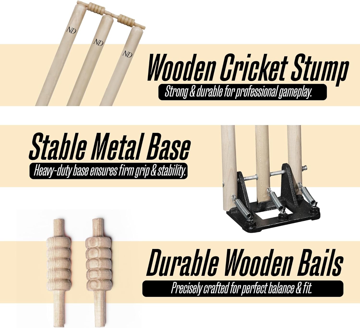ND Sports Cricket Wickets with Bails & Metal Base – Durable & Weather-Resistant Cricket Stumps Set for Training & Matches