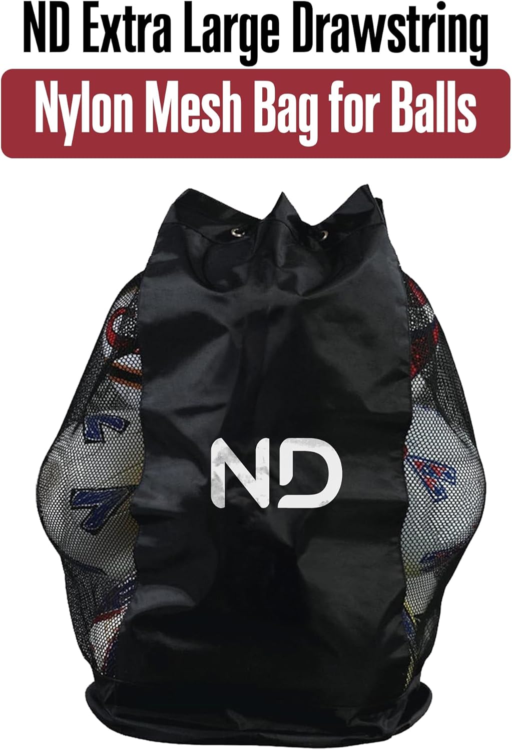 ND Extra Large Drawstring Mesh Sack – Waterproof Nylon Storage for Footballs, Basketballs, Volleyballs – Heavy-Duty Training Equipment Carrier
