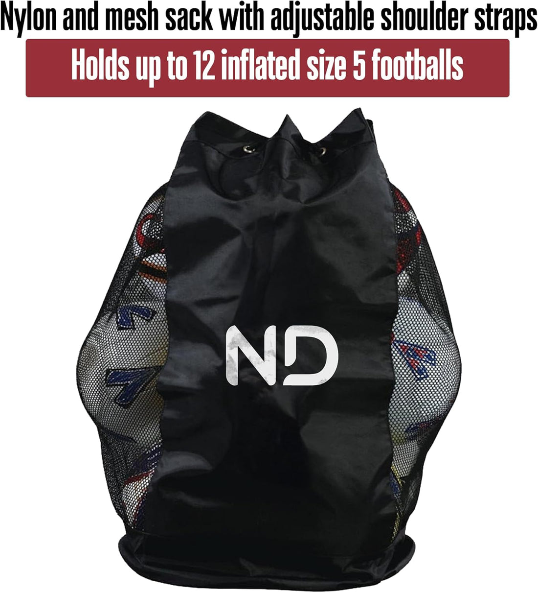 ND Extra Large Drawstring Mesh Sack – Waterproof Nylon Storage for Footballs, Basketballs, Volleyballs – Heavy-Duty Training Equipment Carrier