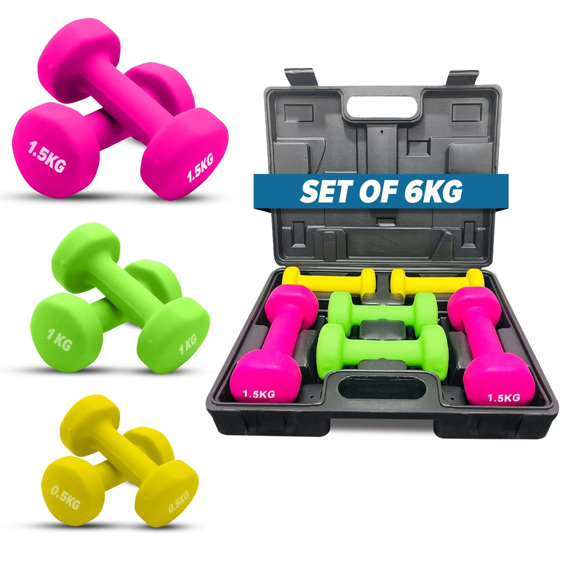 ND Sports Weights Dumbbells Set – Neoprene-Coated Hand Weights with Anti-Roll Design | Dumbbells Set for Women, Kids & Home Gym | Non-Slip Grip, Multi-Colour Pairs with Carry Case