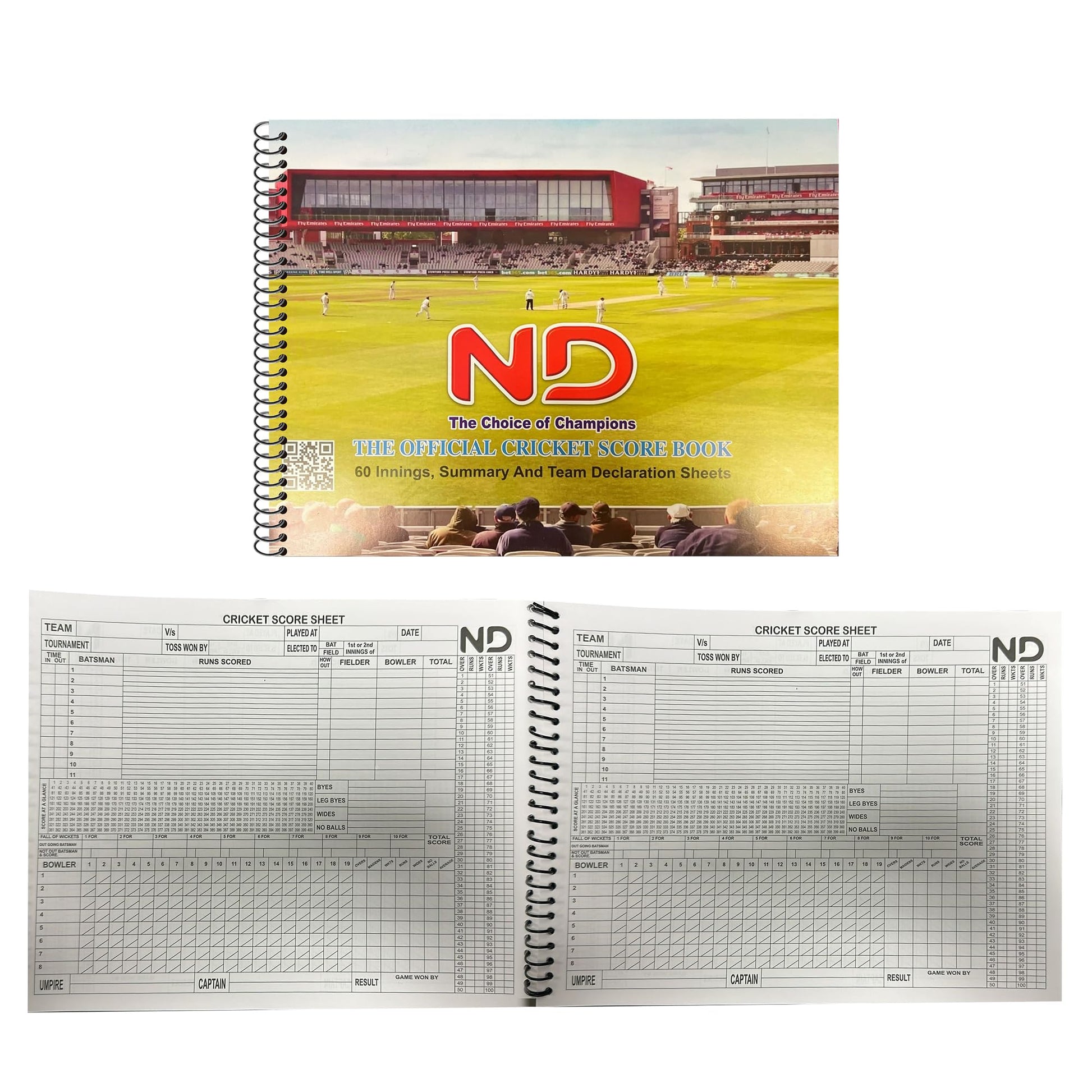 ND Sports Soft Cricket Scorebook – Wirebound Match Scorer Book with White Pages – 48 or 60 Innings – Easy-to-Use Layout with Summary & Declaration Sheets – Ideal for Clubs, Coaches & Schools