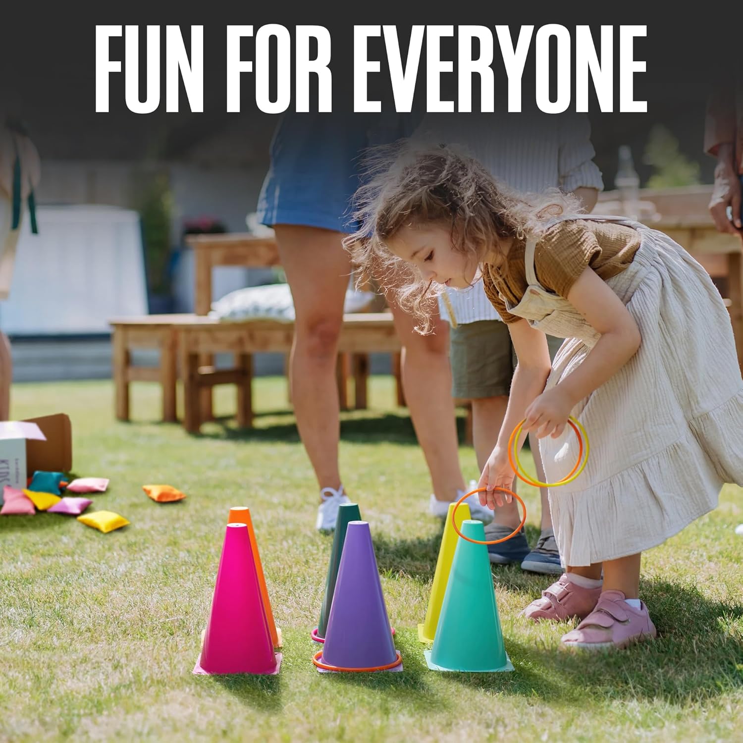 ND Sports 3-in-1 Kids Ring Toss & Bean Bag Game Set with Whistle & Carry Bag – Colourful Cones, Toss Rings & Bean Bags – Outdoor & Indoor Fun for Children