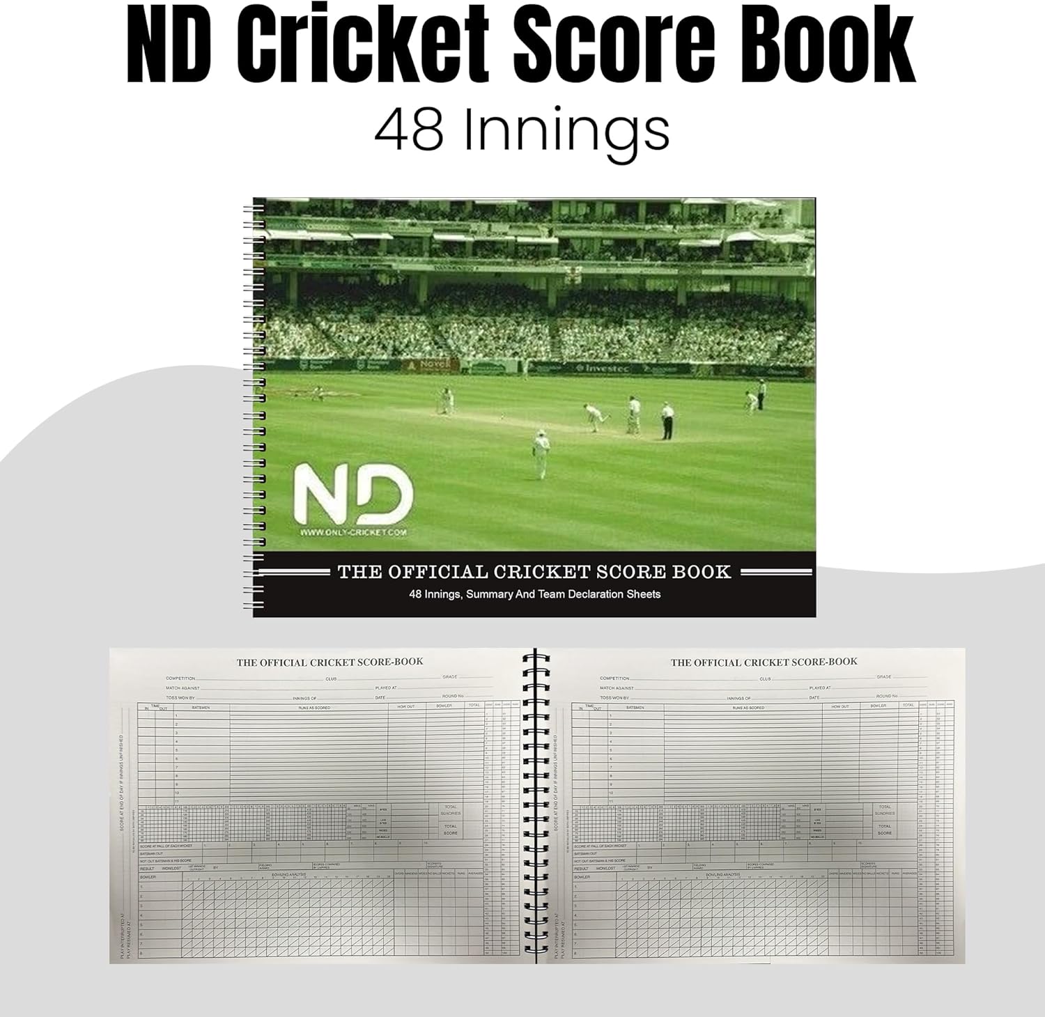 ND Sports Soft Cricket Scorebook – Wirebound Match Scorer Book with White Pages – 48 or 60 Innings – Easy-to-Use Layout with Summary & Declaration Sheets – Ideal for Clubs, Coaches & Schools