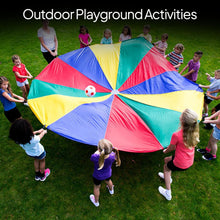 Load image into Gallery viewer, ND Sports Kids Rainbow Play Parachute – 6ft (6 Handles) &amp; 12ft (12 Handles) | Cooperative Play Toy Tent Game for Children, School Activities, Gym Class, Birthday Parties &amp; Outdoor Fun (6 Feet)