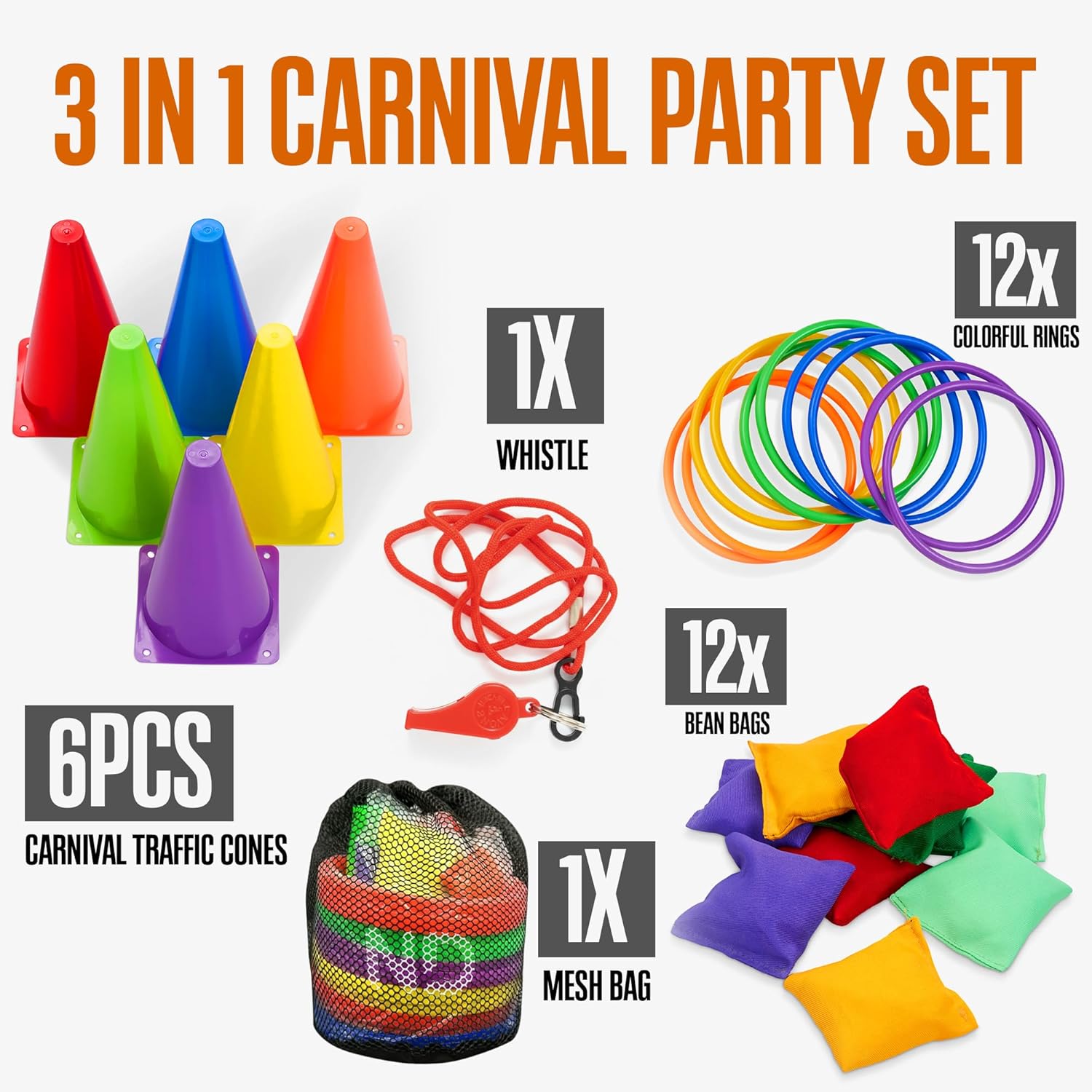 ND Sports 3-in-1 Kids Ring Toss & Bean Bag Game Set with Whistle & Carry Bag – Colourful Cones, Toss Rings & Bean Bags – Outdoor & Indoor Fun for Children