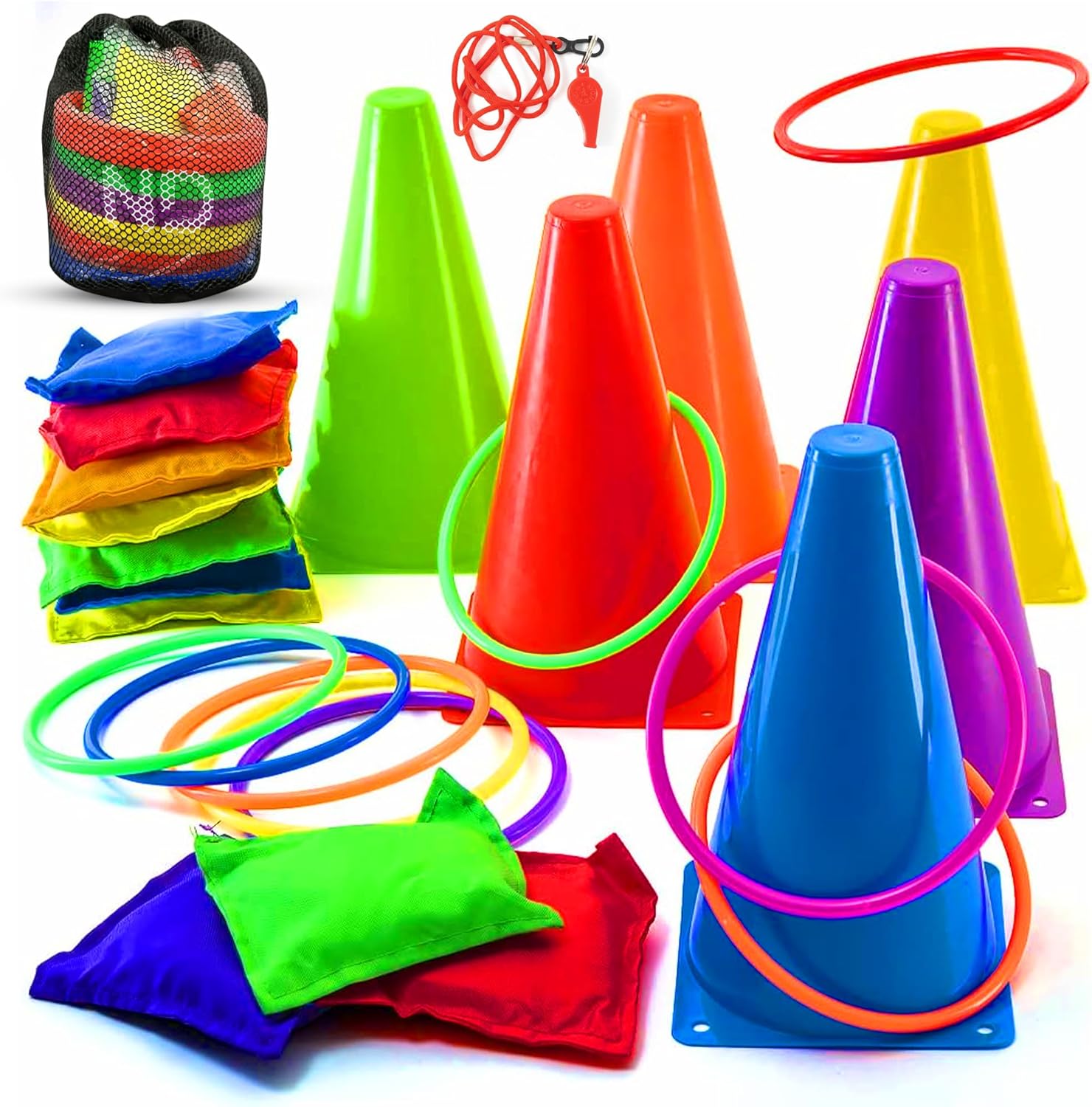 ND Sports 3-in-1 Kids Ring Toss & Bean Bag Game Set with Whistle & Carry Bag – Colourful Cones, Toss Rings & Bean Bags – Outdoor & Indoor Fun for Children
