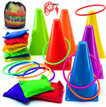 ND Sports 3-in-1 Kids Ring Toss & Bean Bag Game Set with Whistle & Carry Bag – Colourful Cones, Toss Rings & Bean Bags – Outdoor & Indoor Fun for Children