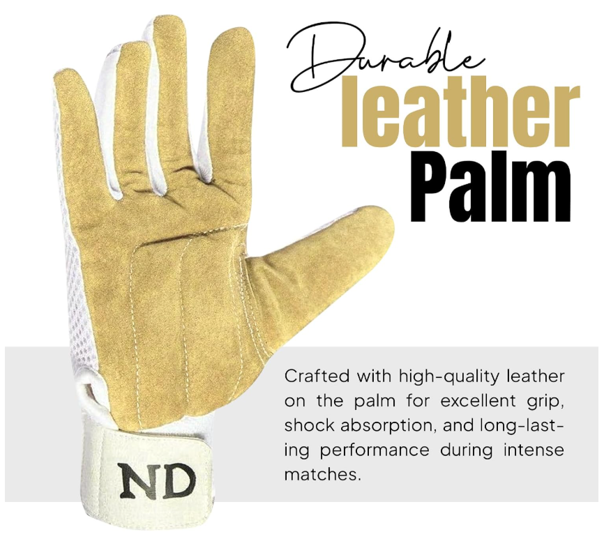 ND Wicket Keeping Inner Chamois Padded Gloves – Professional Cricket Wicketkeeper Gloves – Durable Leather Palm & Breathable Mesh Back – Superior Grip & Comfort – Adjustable Wrist Strap