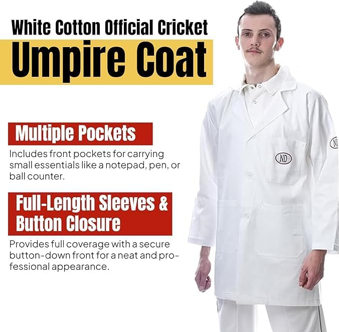 ND Cricket Umpire Coat with Counter – Premium White Jacket with Deep Pockets, Button Closure | Lightweight, Durable & Comfortable Umpiring Gear