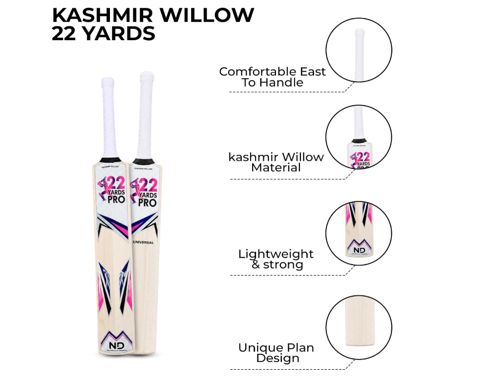 Kashmir Willow Cricket Bat SH | Lightweight Power Hitting Bat with Thick Edges & Wide Sweet Spot | Ideal for Leather & Tennis Ball | Premium Grip & Balanced Pickup