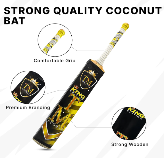Tennis Cricket Bat, Coconut Wood Tape Ball Cricket Bat for Practice & Play