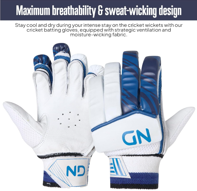 ND Sports Cricket Batting Gloves – Full Finger Protection with EVA Padding & Ventilated Leather Palm – Sweat-Resistant, Flexible & Comfortable Grip Gloves