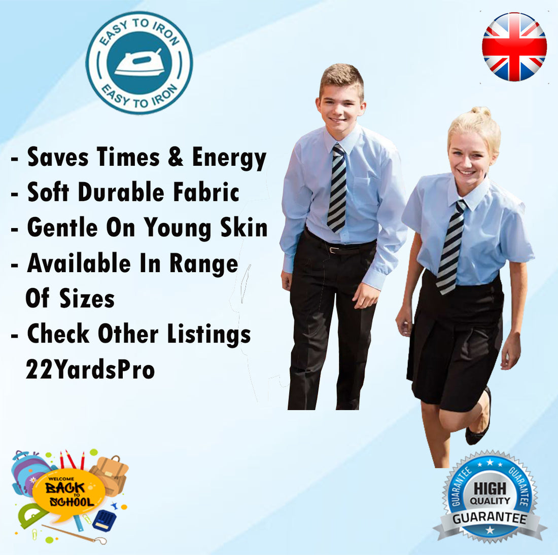 Boys White Blue Long Sleeve School Uniform Shirt Age 2 to 18 Years UK
