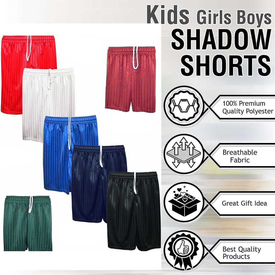 Boys Girls & Adults Shadow Stripe School Sports Football Rugby PE Shorts